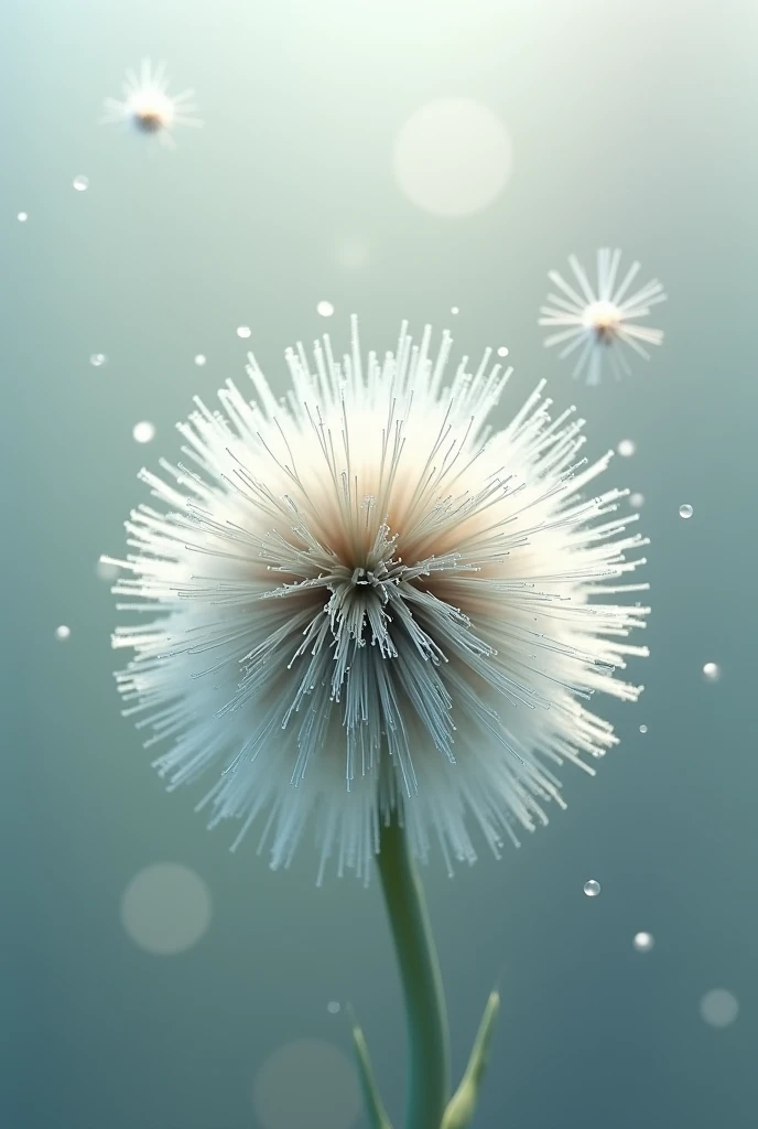 Microcosm , masterpiece , macro photography , cobweb, film grain, Bokeh , Very detailed, clear weather clear weather, micro flower, water droplets, Vague, Realistic close-up of crystal flower, sky blue background, soft contrast, Render by Octane , unreal engine
