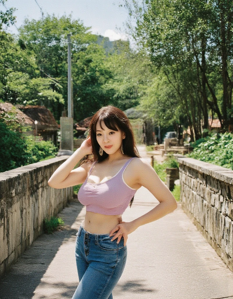 Professional quality, sider view, close-up photo of Hitomi Tanaka, smiling on an old stone bridge, wearing a lilac crop top and tight jeans, lush green nature in the background, vibrant colors, saturation, natural light, shadow projection, summer afternoon, shot on Canon EOS R 5, 60mm --ar 16:9 --s 750 --v 6