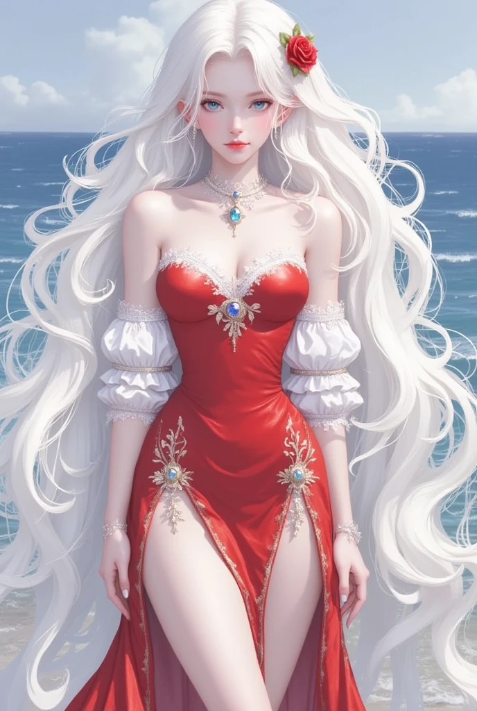Beautiful face(1.2), face detailed, wonderful woman, elegant red dress(1.3), leather belts, medieval fantasy style(1.4), beautiful landscape, white hair(head), totally white, long hair, albino girl, milf, yellow eyes(intense color), reddish(skin body), huge breasts, giant breasts, mermaid tail(1.5), fish scales, corset. Woman under the sea, underwater stage, fish on stage, albino woman, voluptuous body, huge breasts, leather jacket, red dress underwater, long loose dress, sea lights, blush skin, fish scales(body). Closeup image.
