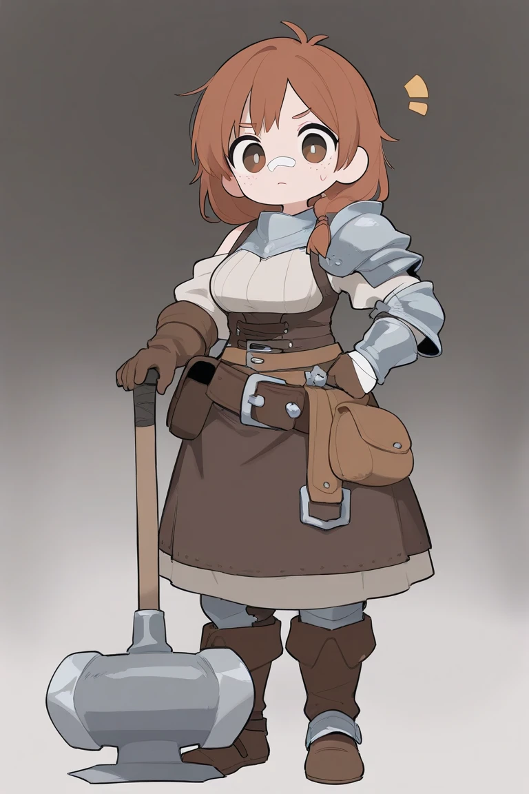  medieval fantasy, Medieval blacksmiths,  Blacksmith Dwarf Busty Beautiful Girl ,  Blacksmith Holding a Hammer on Her Shoulder,  Bandage on nose ,  blacksmith costume ,  Brown Two-pronged Hair ,  brown eyes,  High Quality , 4K,  Blacksmith Big Furnace , Full body shot, Female single , Laughter , Pale freckles , Thumbs up, Anvil ,  Light Sweat 