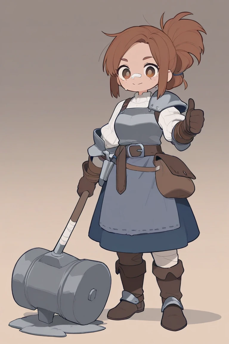  medieval fantasy, Medieval blacksmiths,  Blacksmith Dwarf Busty Beautiful Girl ,  Blacksmith Holding a Hammer on Her Shoulder,  Bandage on nose ,  blacksmith costume ,  Brown Two-pronged Hair ,  brown eyes,  High Quality , 4K,  Blacksmith Big Furnace , Full body shot, Female single , Laughter , Pale freckles , Thumbs up, Anvil ,  Light Sweat 