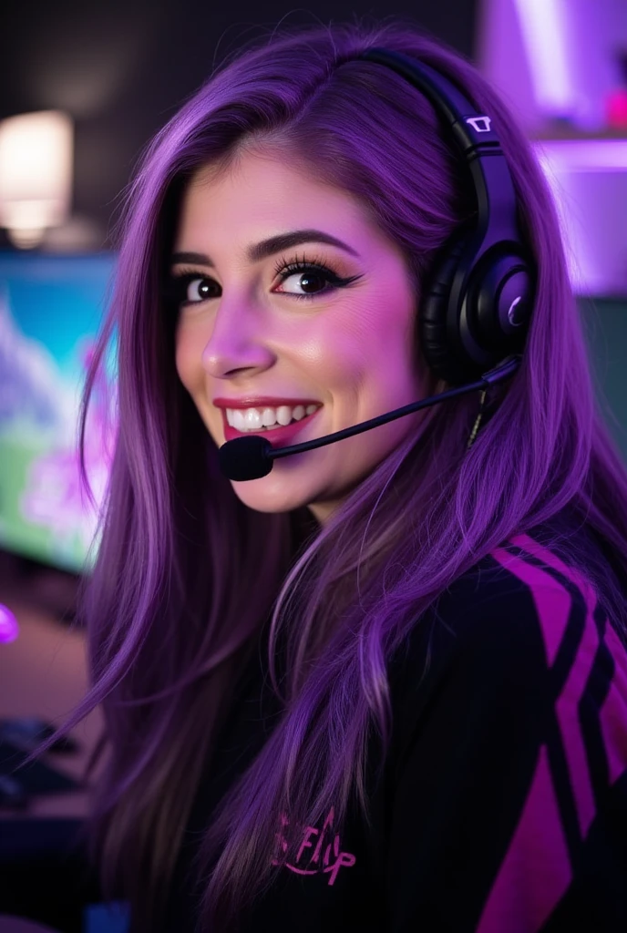 close portrait photo of a streamer Chrissy, long purple hair, wearing a headset, sat on a gaming chair, gaming computer on the background, natural day lights 