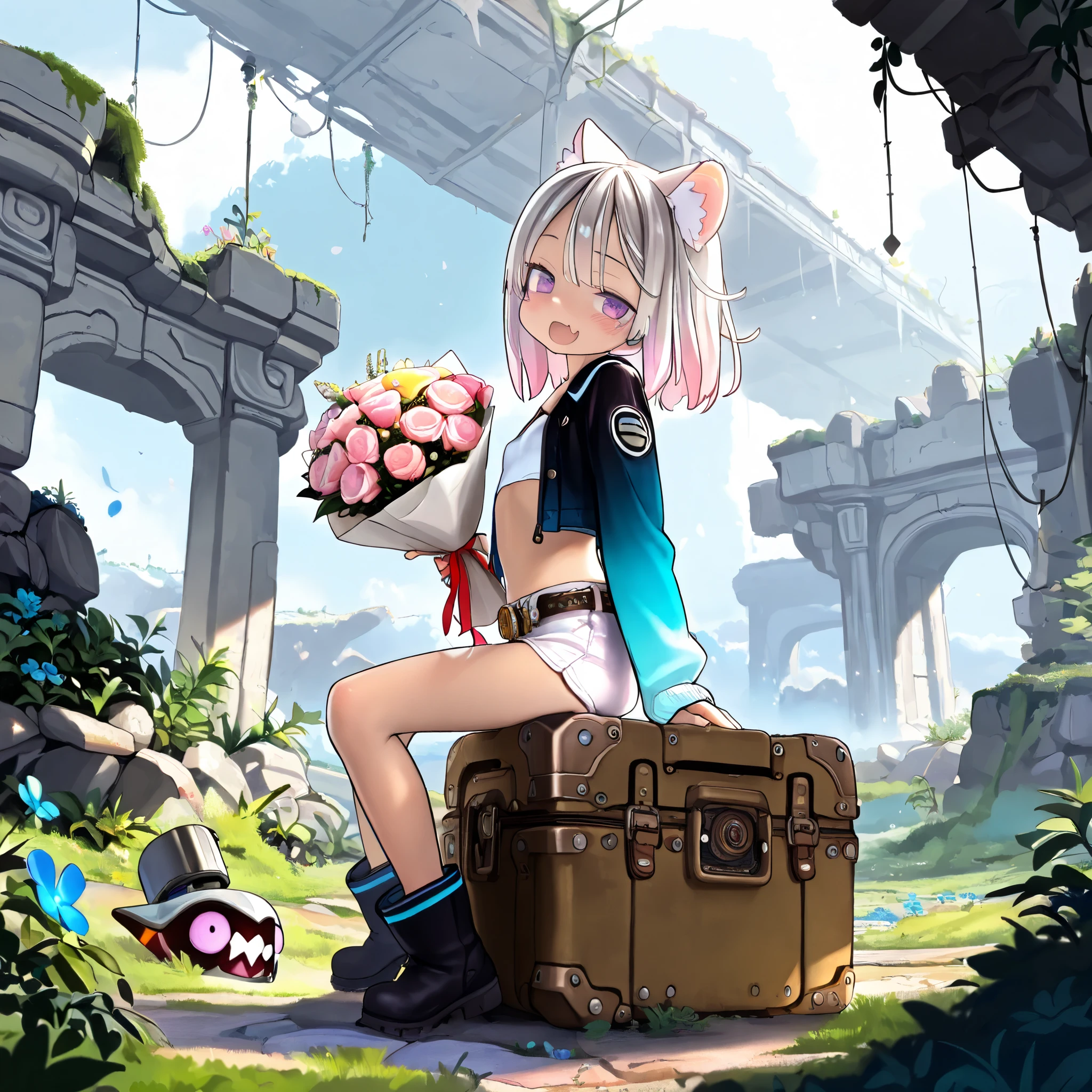 ((Masterpiece)), ((best quality)), (8K), (wide shot, from side), cinematic lighting, (detailed background:1.2), (super detail:1.2),(High Definition:1.3), (Professional Photography:1.2), (very aesthetic:1.2), (absurdres:1.2), (sharp focus), ((1girl)), teenage Girl, (Textured skin), (Realistic skin), (pale purple eyes, gradient eyes, upturned eyes), (platinum-gold hair), ((loosely tucked bangs)), gradient hair, blue color Hair Tip, (medium hair), small breast, (Healthy Gaunt body), (open mouth wide, skin fang), seductive smile, blush, (cute cheeks), glossy lips, pouty lips, bags under the eyes, (lower eyelashes), (tilt head), put on cat ears, BREAK, (cheepy white croptop, gradient jacket, cropped jacket, open jacket, big collared jacket), luxury belt, white shorts, (Thick soled short boots, Enameled fabric black short boots), ((hold a bouquet, pale pink bouquet)), loose sitting on the Metal box, outside the Ancient ruins covered with vegetation, ((by Tsukushi Akihito))