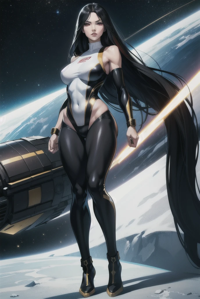   An athletic and dazzling woman  ,   Normal breasts, Alone,     white skin  ,  red eyes art,   long black hair  ,   wearing tight clothing , wearing a swimsuit,  military armor with the colors white, black and gold, superhero style  , standing, action pose, space uniform, wearing a swimsuit,   Uniform tight to the body  , without accessories,   full body , sleeveless clothing 