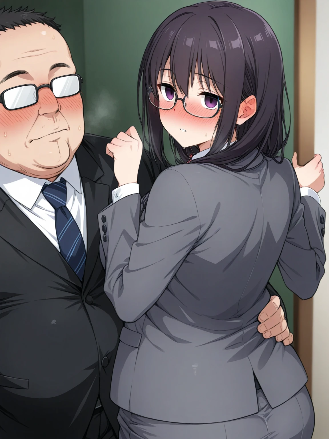  Girl Molested By Her obese fat man (japanese,suit, glasses,empty eyes, nose blush ,cleft chin,back )