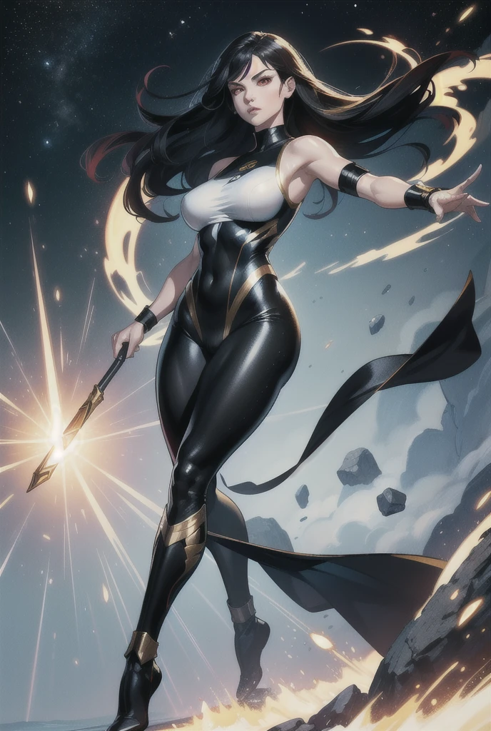    An athletic and dazzling woman   ,    Normal breasts, Alone,       white skin   ,  red eyes art  ,    Long black hair  ,    wearing tight clothes , wearing a swimsuit,   military armor with white colors, black and gold, superhero style   , standing, action pose, space uniform, wearing a swimsuit,    Uniform tight to the body   , without accessories,    full body  , sleeveless clothing 