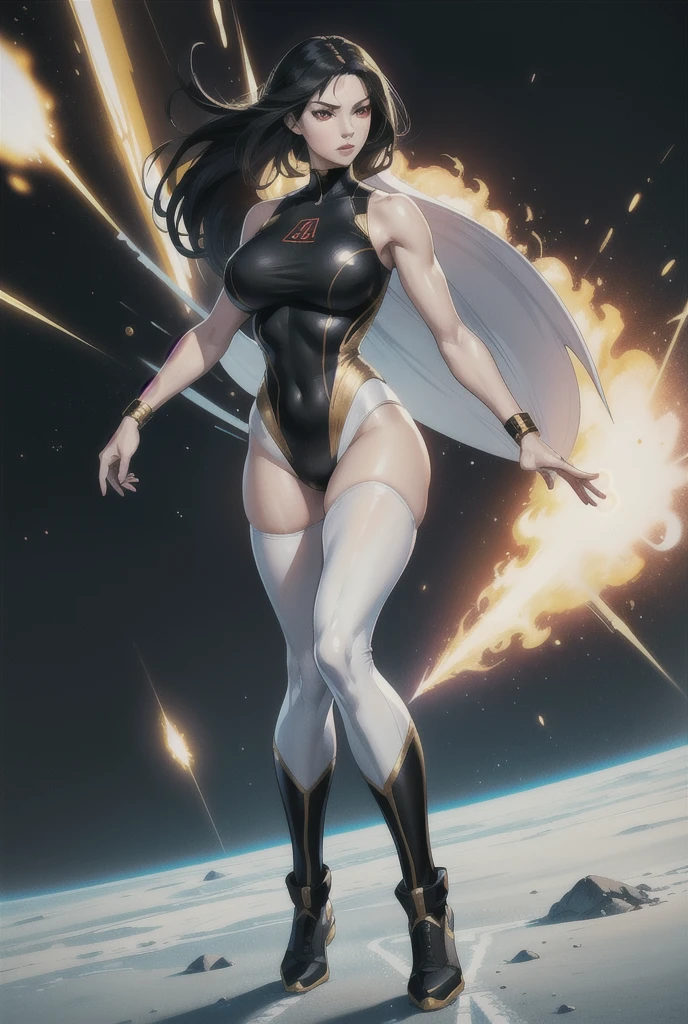    An athletic and dazzling woman   ,    Normal breasts, Alone,       white skin   ,  red eyes art  ,    Long black hair  ,    wearing tight clothes , wearing a swimsuit,   military armor with white colors, black and gold, superhero style   , standing, action pose, space uniform, wearing a swimsuit,    Uniform tight to the body   , without accessories,    full body  , sleeveless clothing 