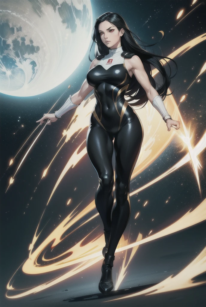    An athletic and dazzling woman   ,    Normal breasts, Alone,       white skin   ,  red eyes art  ,    Long black hair  ,    wearing tight clothes , wearing a swimsuit,   military armor with white colors, black and gold, superhero style   , standing, action pose, space uniform, wearing a swimsuit,    Uniform tight to the body   , without accessories,    full body  , sleeveless clothing 