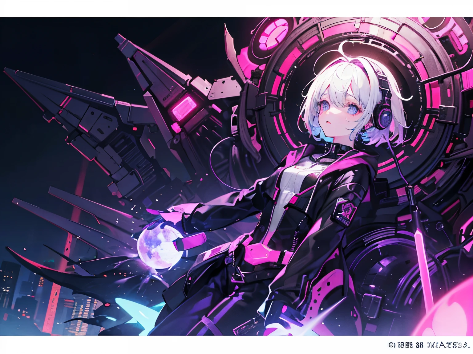 Sexy mechanical girl with prosthetics, cybernetic prostheses with elements of flesh, long pink hair, violet eyes, mechanical exoskeleton, android robot, big hips, large bust open cleavage, panties seen, anime style background, spaceship, black and orange stars, planets, cosmic nebula, flash