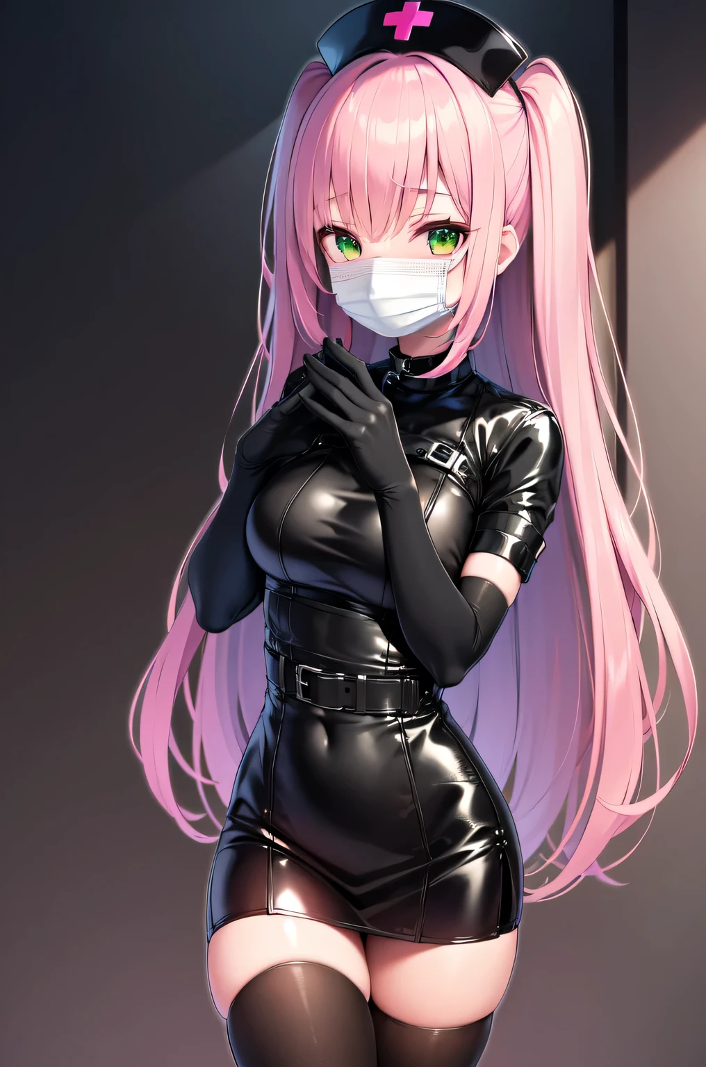 black nurse, 1girl, solo, black nurse cap, black nurse uniform, ((black legwear, zettai ryouiki)), black elbow gloves, pink hair, green eyes, drooping eyes, ((black surgical mask, covered nose)), standing, ((surgery room)), sharp outline, short sleeves, best quality, masterpiece