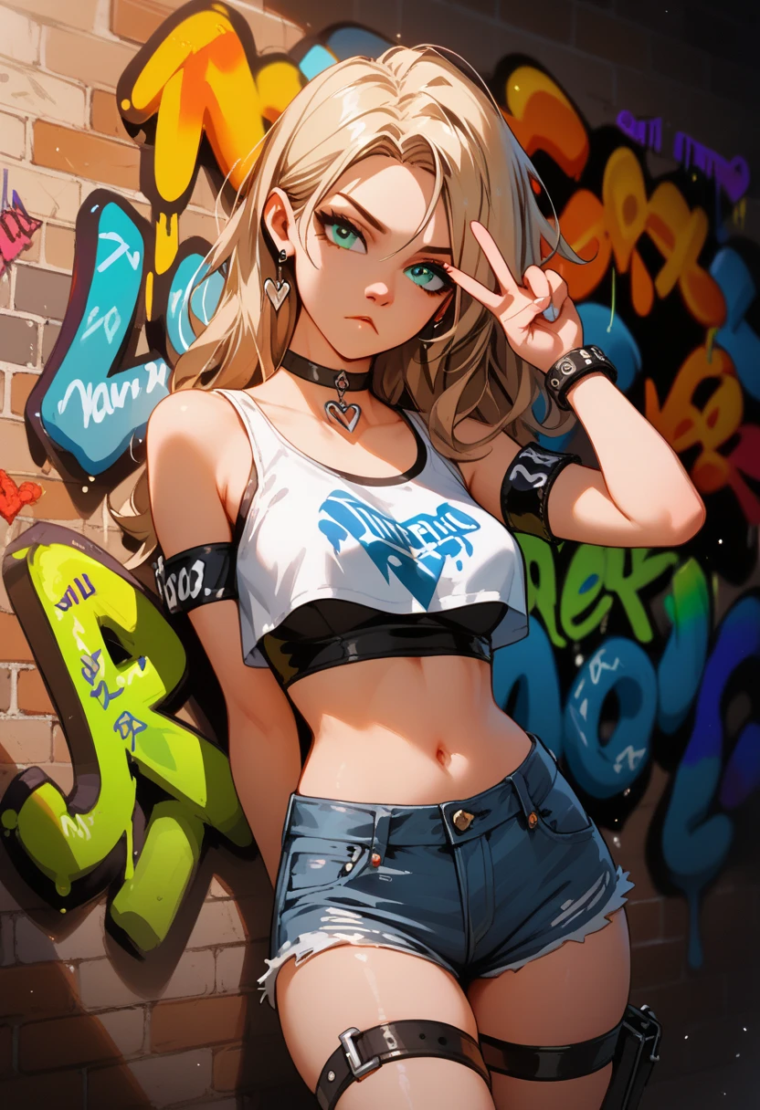 masterpiece, best quality, 1girl, solo, crop top, denim shorts, choker, (graffiti:1.5), paint splatter, arms behind back, against wall, looking at viewer, armband, thigh strap, paint on body, head tilt, bored, multicolored hair, aqua eyes, --v 6.1