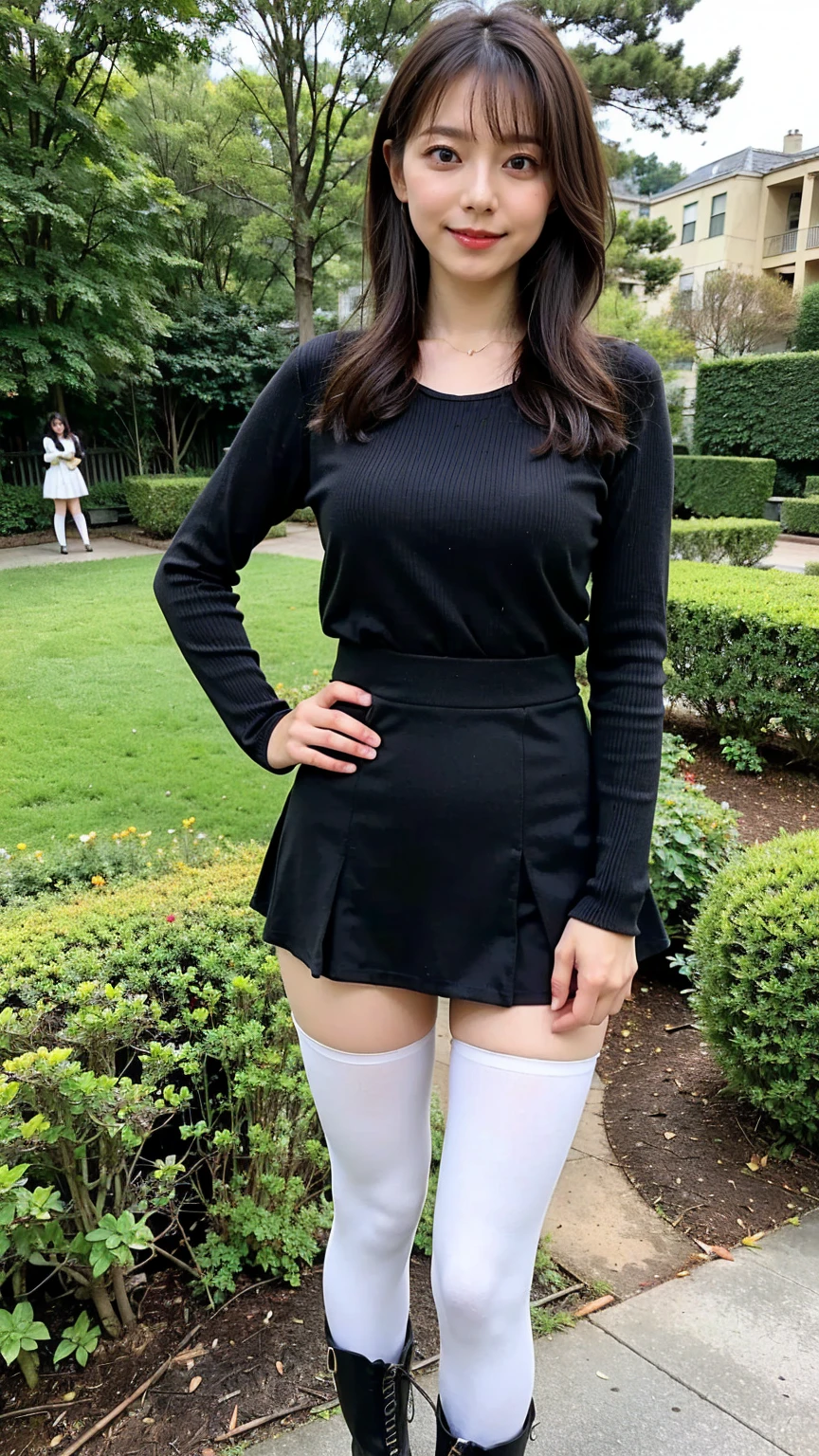 (8k、 RAW photos 、 top quality、masterpiece :1.2)、( realistic 、 realistic )、1 person、((bangs、 medium haired、suit、、tights、 breast bulge、 Long Sleeve 、whole body、 black tight mini skirt、Narrow waist boots、、garden、Stand with hands on hips、 )、 cute