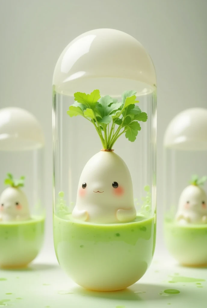 Nursery capsules that are completely filled with green water ,Radish characters in daycare capsules ,Alone, Japanese white radish character/(it has leaves),it is like a ****,It is in daycare capsule, capsules are filled with lime green liquid