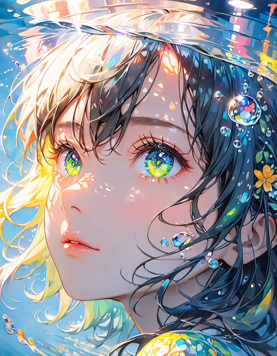 Girl swimming underwater,Ultra-detailed rendering style,shine,yellow,green,Brush,Surreal oil painting,Shining Eyes,Head close-up,Exaggerated perspective,Tyndall effect,Water Drop,Mother of pearl rainbow color,holographic white,Black background,