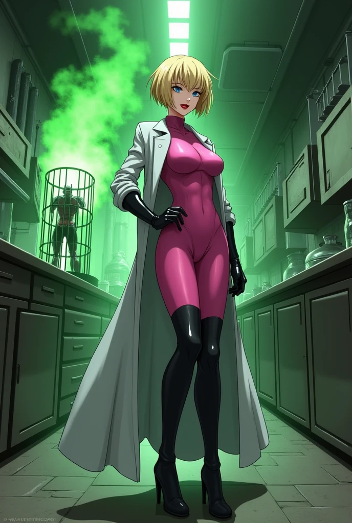 Anime style, Sultry and Beautiful young woman with a soul of pure evil and hatred. Short blonde hair that covers her left eye and blue eyed supervillain dressed in a sleek skintight pink bodysuit, long black gloves and black calf high boots. A long white lab coat over her bodysuit competes the look. She is posing and emanating green energy. She has a smile crossing her thin red lips. The setting is a dirty laboratory with a captured costumed hero in a cage. She is creating poisons in a lab.