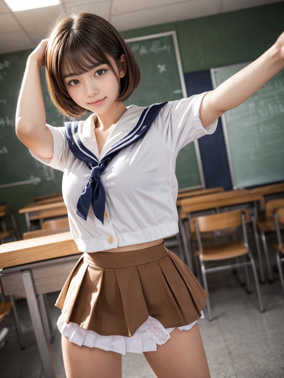 (masuter piece:1.3)、(8K、Photorealsitic、Raw photography、top-quality: 1.4)、(1girl in)、beautiful countenance、(Lifelike face)、(light chestnut hair、short-cut: 1.5)、Beautiful hairstyle、realisticeyes、Beautiful details、(real looking skin)、Beautiful skins、(thin fabric underwears、Fluttering chest、Flipped skirt: 1.5)、(Japan schoolgirl uniform、a sailor suit: 1.2)、absurderes、enticing、超A high resolution、A hyper-realistic、high-detail、the golden ratio、(Beautiful woman with accentuated slim abs:0.4)、(Casual Hairstyles、Colossal tits)、Soft breasts、((Cheerful smile))、Exposed cleavage、Exposed legs、(standing in a classroom)、(Appeal buttocks: 0.7)、(Looking back)、(Take a look at our:1.5)、(Looking at the camera)