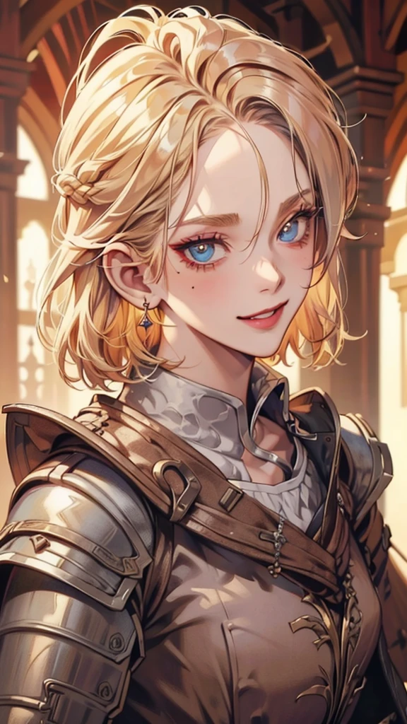 8k, masterpiece, best quality, highly detailed, 1 girl, solo, human, cleric, short hair, bob hair, braided hair, blonde hair, earrings, blue eyes, red eyeshadow, long eyelashes, winking, playful demeanor, psychotic, blushed cheek, purple lips, mole on face, glamorous, silver armor, close up view, happy smile, looking at viewer, standing, town, holy, wearing circlet.