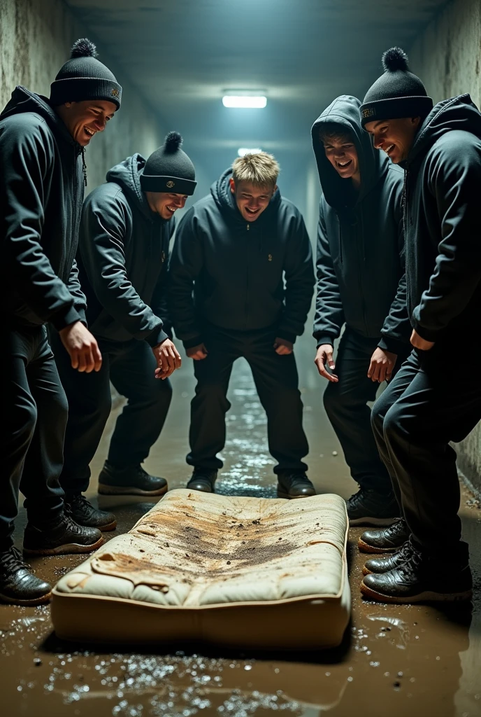 Dans une cave, des jeunes hommes sportifs en survêtement casquette et doudounes noires, en baskets boueuses, piétinent en riant un matelas jeté par terre. Les pieds sur le matelas taché de boue.