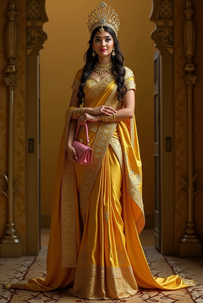 A full body image of indian queen with crown looking straight standing in gold saree left hand folded while holding a pink hand bag