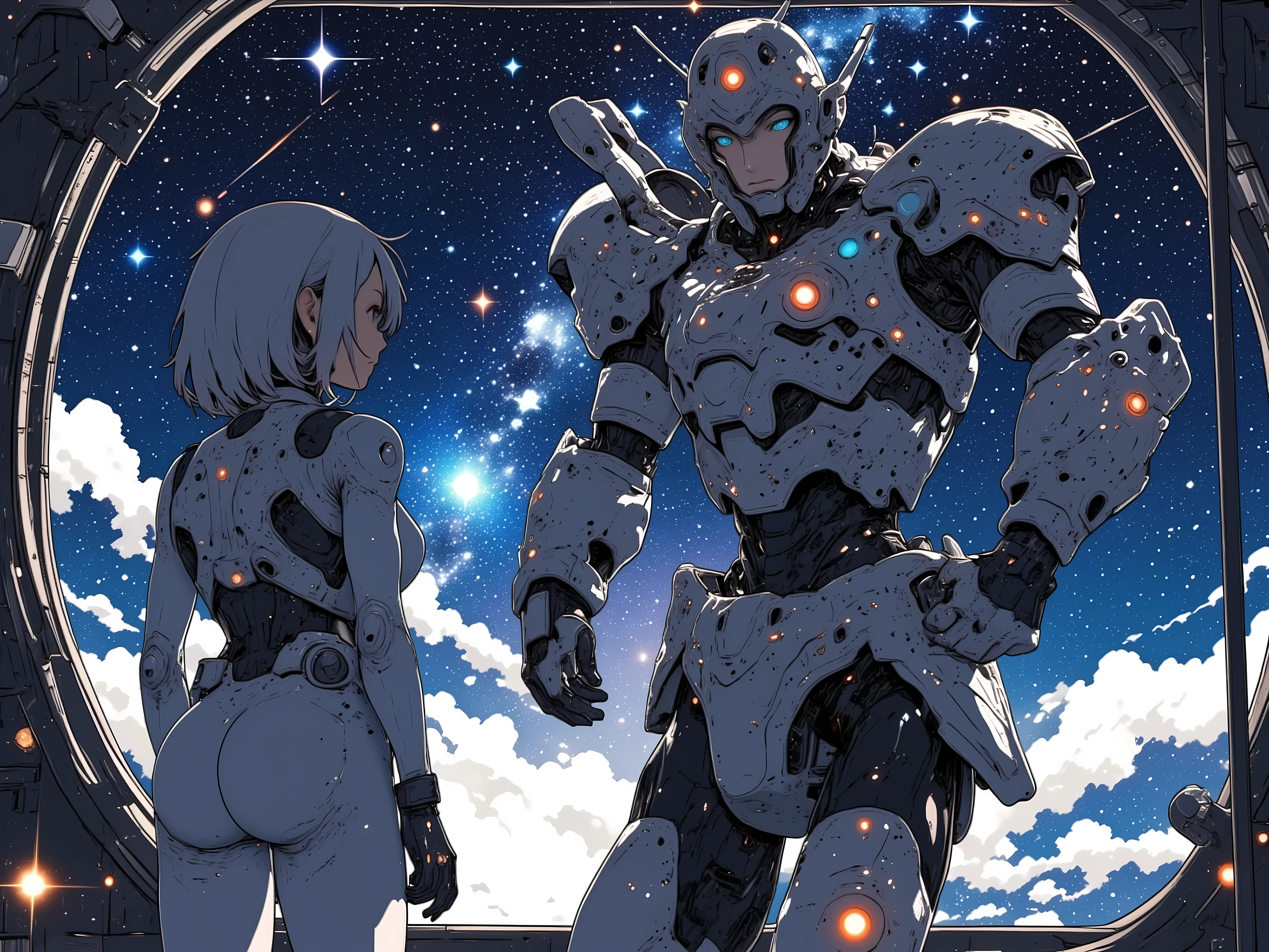 (Space colony:1.5, masterpiece:1.3, highres:1.3, universe:1.5, (beautiful star, galaxy), Black outer space:1.4), Space colony\Mobile Suit Gundam, 1girl & lady android\Viewing the universe from the window, Outer space, The universe outside the window:1.5, Stars:1.5, Outer space