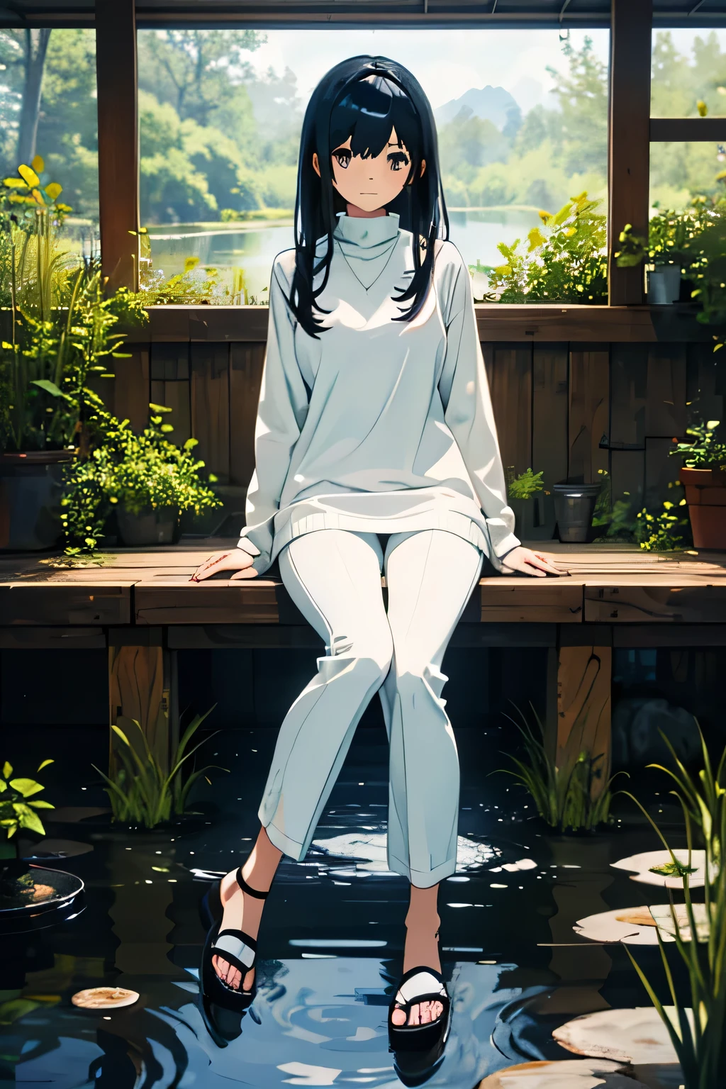 She has black blue hair that she keeps in a hime-cut of different lengths, wears white long-sleeved pullover with a turtleneck and a black sleeveless dress with a V-neck, white pants and sandals. Background of a pond