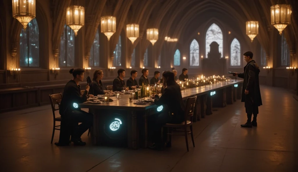 " The Great Hall of Hogwarts in the year 2300 ,  transformed into a futuristic space that combines magical and technological elements . The long tables remain ,  but are made of a translucent material that emits a faint glow .  The floating chandeliers are replaced by drones luminous lights that project holographic , creating a mystical atmosphere.  The walls are adorned with dynamic panels that show animated magical landscapes . In the background,  a futuristic throne where the director ,  sits surrounded by magical symbols projected into the air .  The students wear uniforms with technological details that shine softly ,  candles while enjoying a feast served on smart plates that adjust the temperature of the food."