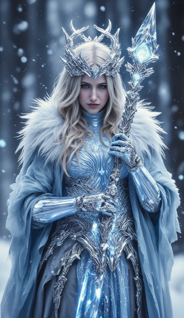 Kathryn Hahn as Crystal Maiden, majestic sorceress, fantasy ice-themed outfit, detailed shimmering blue gown, white fur, glowing crystals, intricate magical staff, topped with a radiant sharp-edged crystal, soft icy glow, blonde hair flows elegantly, hood, piercing gaze, mystical background, snowy landscape, swirling frost, shimmering particles of light, ice magic, magical powerful elegant atmosphere