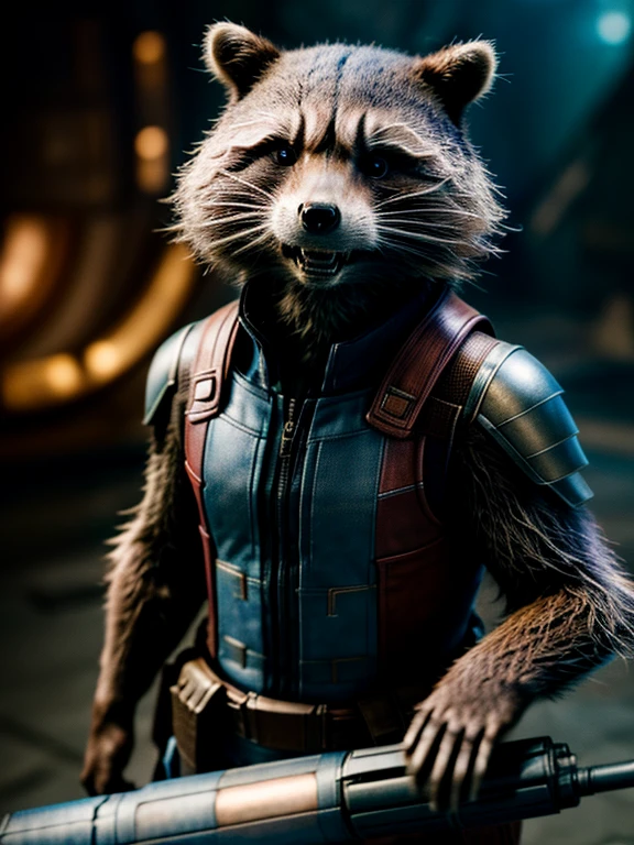 Original photo, Rocket Raccoon, (armored), short, furry, smirking, big gun on the back, detailed, blurry background, upper body shot, Best quality, high resolution, Photorealistic), Cinematic lighting, Masterpiece, RAW photo, Intricate details, hdr, depth of field, 