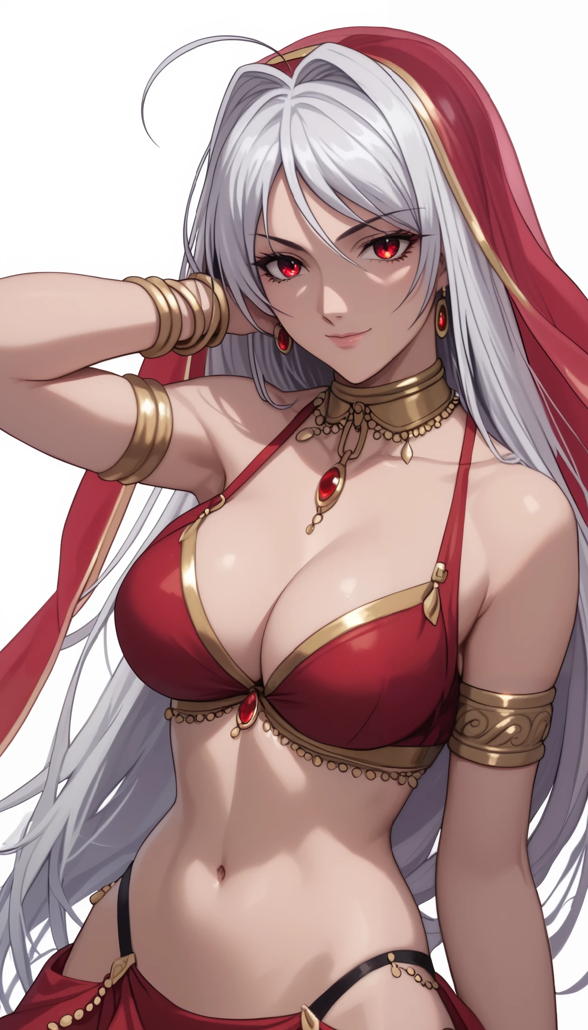 vampire moka akashiya, long hair, red eyes, ahoge, white hair, large breasts, arabian clothes, dancer, belly dancing, veil, armlet,, light smile,Shiny Hair、Tight waist、Small waist、Glowing Skin、(white background:1.2)、eight-headed body、Beauty、