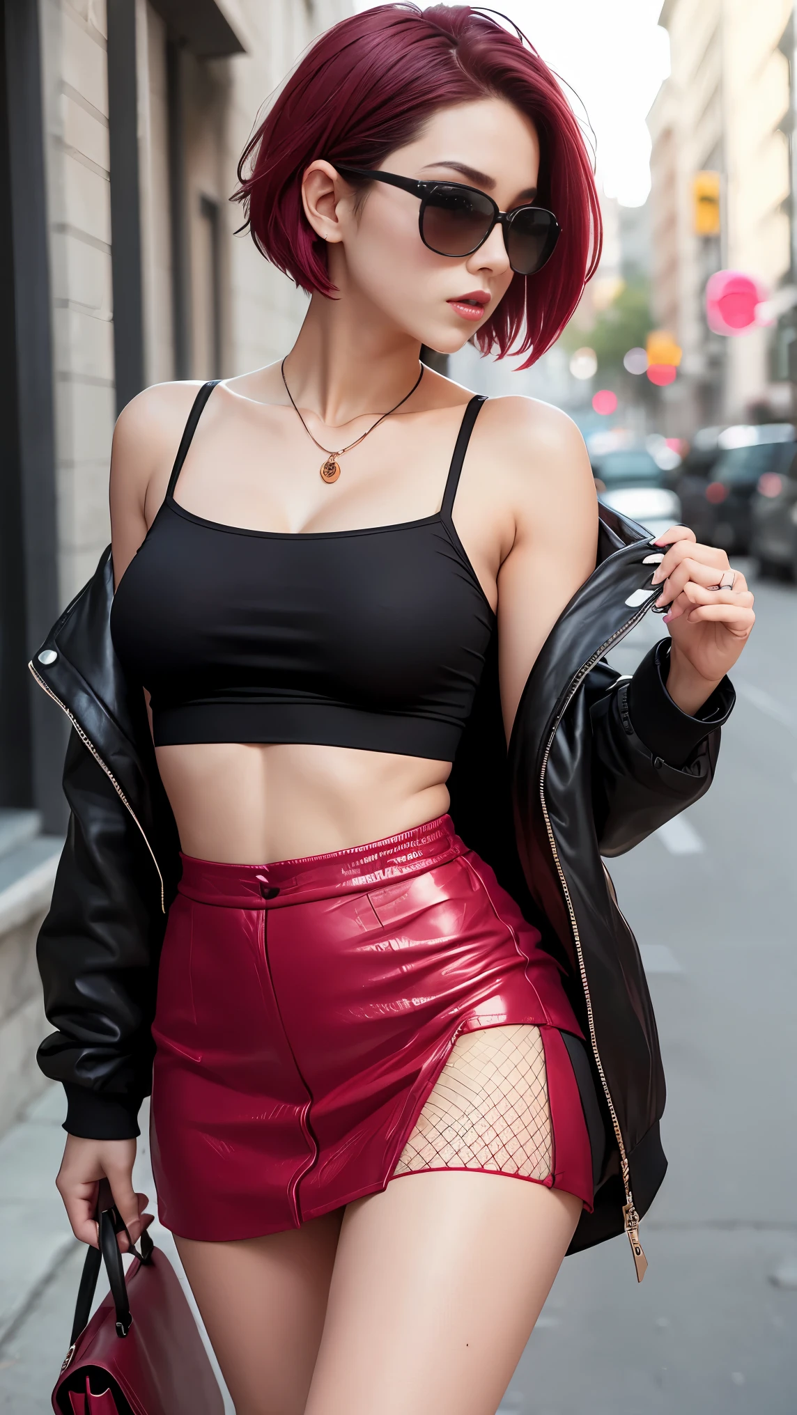 ((large and drooping breasts)) ((1 girl with a mischievous smile)) ((delicious)) ((red punk style bob hair)), greeneyes, slickedback hair, extremely sexy body, choker, (((wearing a top to the stylish bottom of the jacket, bold lace top, shorts jeans curtos))), (best qualityer, ultra detali, photorrealistic: 1.37) extremely detaild, hyper detailled, (((face perfect)), soft lighting, ((best qualityer)), dynamic pose, pose sexy, cute and sexy expression , in square park, at night