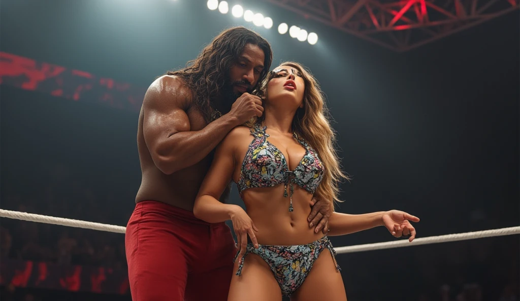 A young Puerto Rican man hairy bearded strong muscular red underwear bulge bulge, standing with his legs spread on top of a beautiful woman in red panties sitting on the floor below, having his underwear pulled down with his hands by the woman, in performance on a stage of a television program presented by a famous presenter.