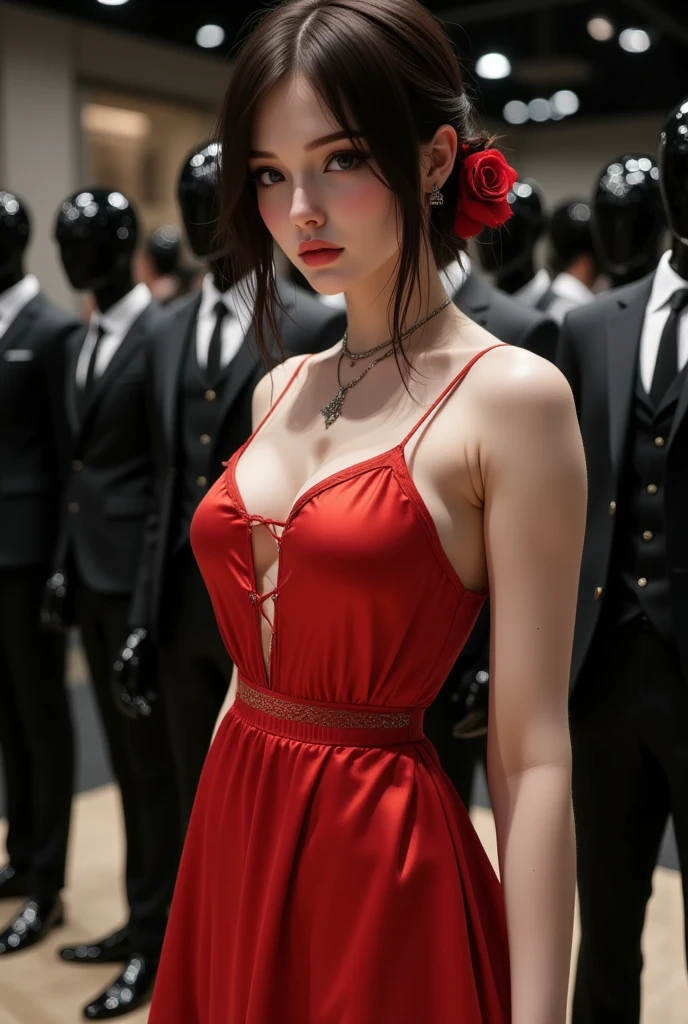 looking side, cool beauty in a lewd loose red satin dress, sexy beauty expression, lewd great body proportion, countless black male mannequins in black suits lined up in neat rows, professional and perfect composition, extremely delicate depiction, extremely clear image, various effects, bold and dynamic, contrasts of light and shadow, 2.5D, artistic photography, hyper realistic, ultra detailed, absolutely resolution, masterpiece