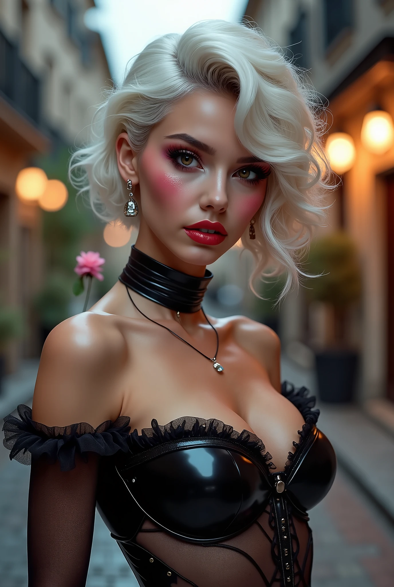 masterpiece, best quality,8K,realistic, High definition, photography, depth of field,HDR, highres, ,(photoshop \(medium\),:1.4) , 1girl,(multicolored hair,white hair:1.4), (short hair:1.2),hair ornament,blue eyes,bare shoulders,cleavage cutout,dress, short sleeves, black gloves, belt,shorts,thigh strap,