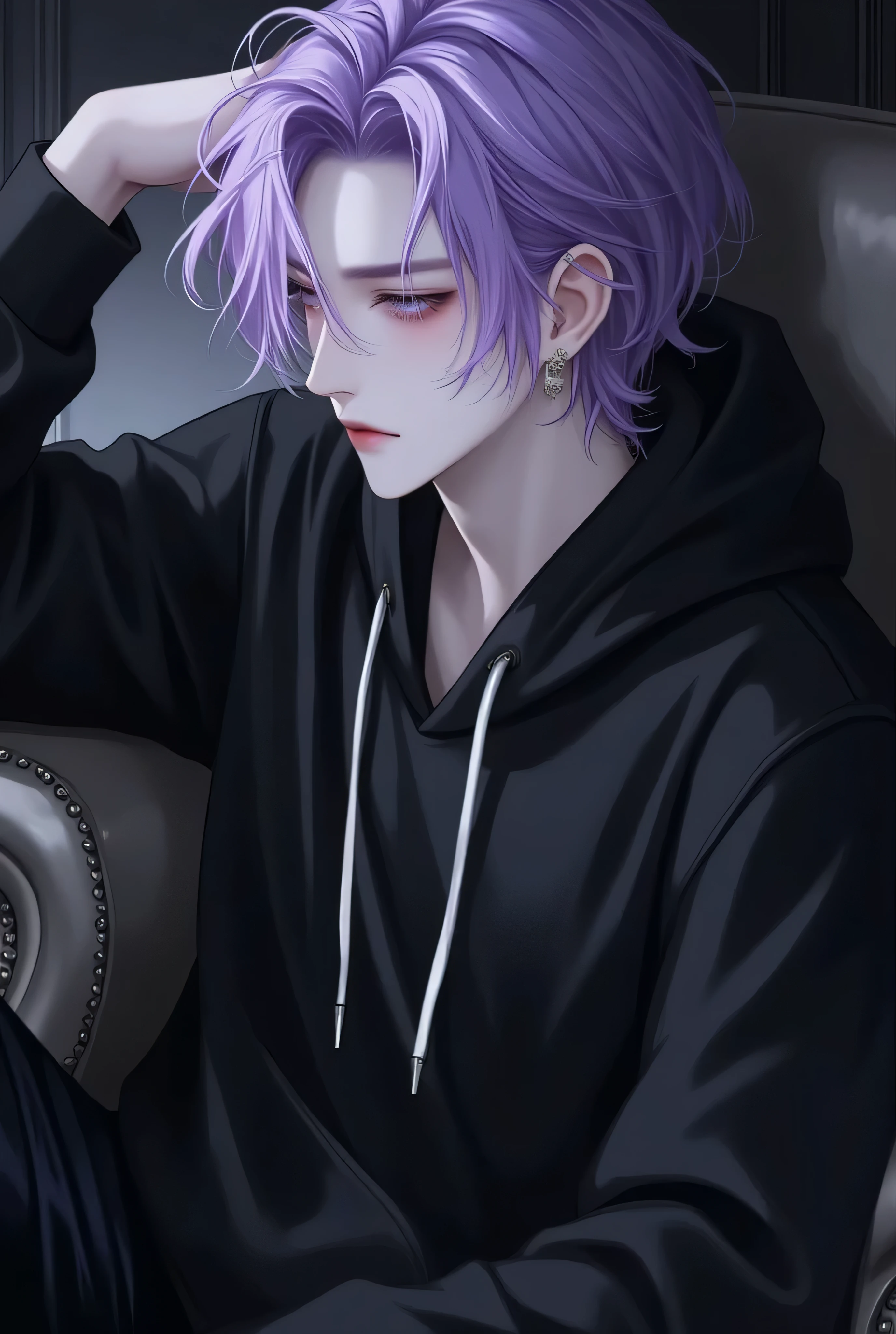 anime boy, landmine Kpop holiday 、 Composition Room with Black Walls、 Sit on a Chair 、Sweet Eyes 、pc、she、 stylish and cool guy boy model、 A beautiful young beautiful girl dressed as a man 、 cute expression 、bisexual 、 cool 、Light purple hair color、Short Hair、 arranged hair 、Handsome Hair、Small face、 white skin、Neutral face、Cool guy、 cute face、 cool sharp eyes 、sharp thin eyebrows 、 Tall、 style、 likes cool things 、 black hoodie、Age 19、 half Japanese and Korean man 、 captivating fans 、Seduce、 beautiful photo 、masterpiece、 top quality、 HD、 Fantastic、 dark background、 taken from the side、 beautiful portrait、 menswear makeup 、 Anime Makeup 、 cute girl with piercings 、 beautiful portrait