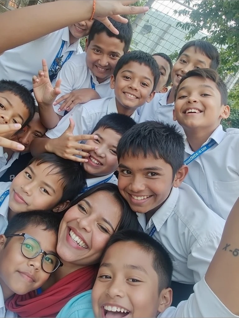 Preschool teacher with glasses and straight black hair. With little children hugging her. cheered up