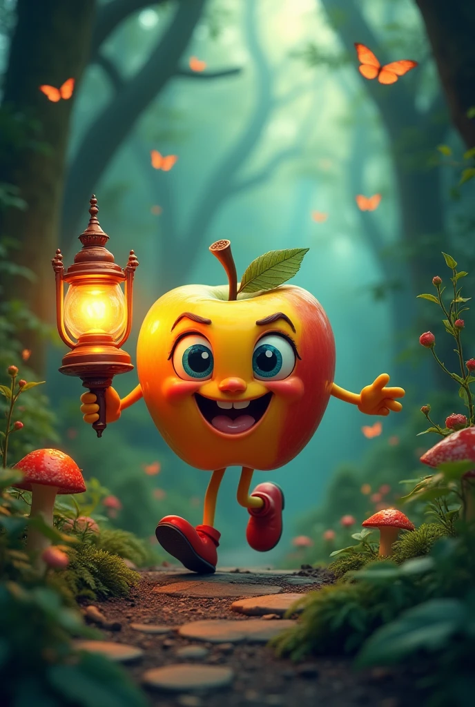 Make three pictures of an apple with a mouth, hands and feet, yellow, red, blue, carrying a lamp in the forest
