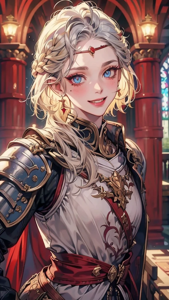 8k, masterpiece, best quality, highly detailed, 1 girl, solo, human, cleric, short hair, bob hair, braided hair, blonde hair, earrings, blue eyes, red eyeshadow, long eyelashes, winking, playful demeanor, psychotic, blushed cheek, purple lips, mole on face, glamorous, silver armor, close up view, happy smile, looking at viewer, standing, church, chapel, monastery, holy, wearing circlet.