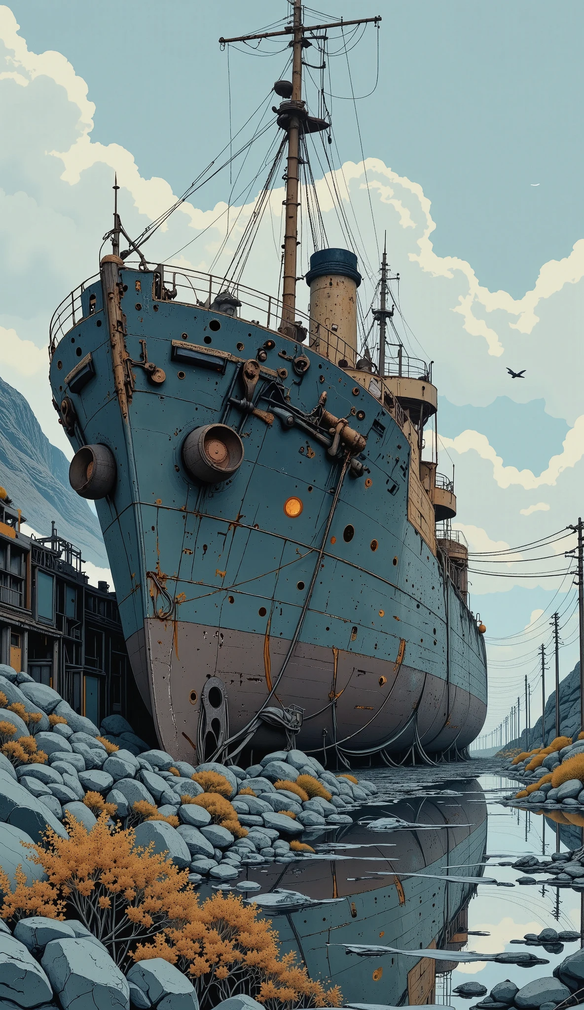 ( better quality,4k,8K, high resolution,  masterpiece:1.2), ultra detailed,   sharp focus,( realistic ,photo realistic ,fotor realistic a:1.37), Extremely fine details ,  intricate details ,  bright colors  ,,Deep contrast, cinematic depth of field , cinematographic composition ,cinematic camera angle(Photograph of an abandoned rusty ship.:1.5,  scenario focusing on abandoned industrial machinery.), abandoned coal mine landscape , machine placed , (( 放置されたheavy equipment , Industrial waste )), quiet, , minimalist, industrial environment, heavy equipment , web, dusty,  Disturbing silence , collapsed walls, oxide,  overgrown vegetation  ,  remnants of past activities , dark space, broken window, colores quiets,  mysterious atmosphere