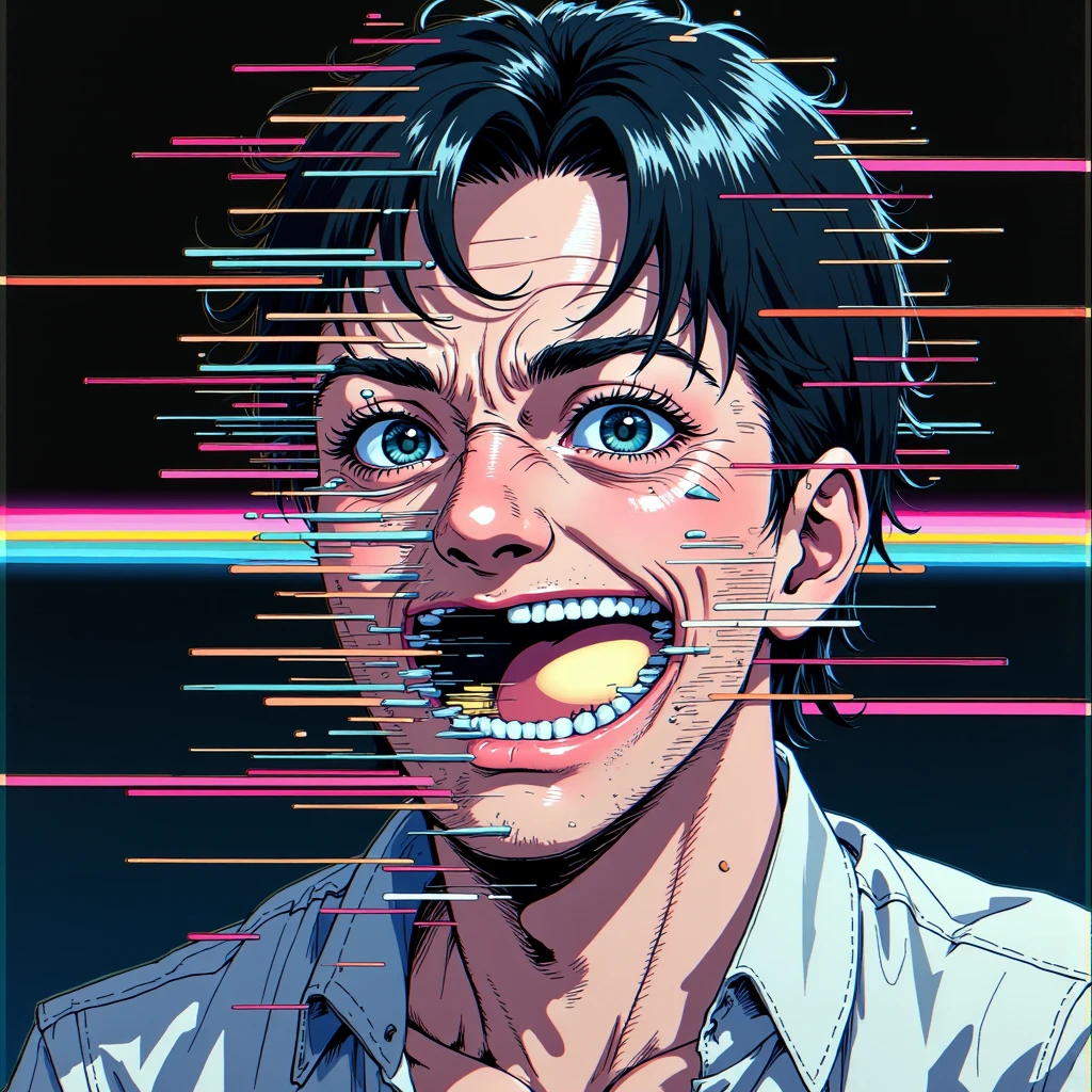 ((Masterpiece)), (best quality:1.3), (1980s anime style:1.5), **portrait of a character glitching**, his **face separated from his body (1.4)** by heavy static distortions. The face is contorted in **pain and horror (1.5)**, deformed by jagged lines and chaotic interference.  

The atmosphere is **dream-like (1.3)**, merging elements of **analog horror (1.4)** with unsettling glitches and disjointed visuals. Vibrant neon hues from the **1980s palette** clash with dark, muted tones, heightening the surreal terror.  

The composition features flickering **static lines**, distorted color bands, and fragmented details, creating a sense of unease. Rendered with a balance of **terrifying realism (1.5)** and artistic abstraction, the image evokes a hauntingly immersive experience. **(glitch art, analog horror, anime distortion, surreal terror, 1980s aesthetics)**.  