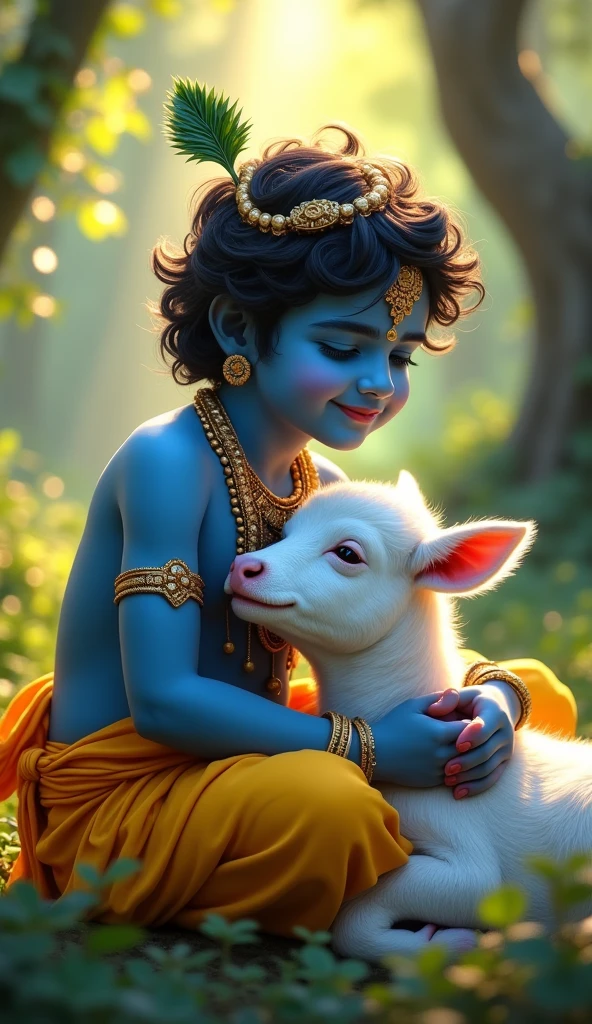 Krishna hugging a cow cub and Radha sleeping in his shoulder 