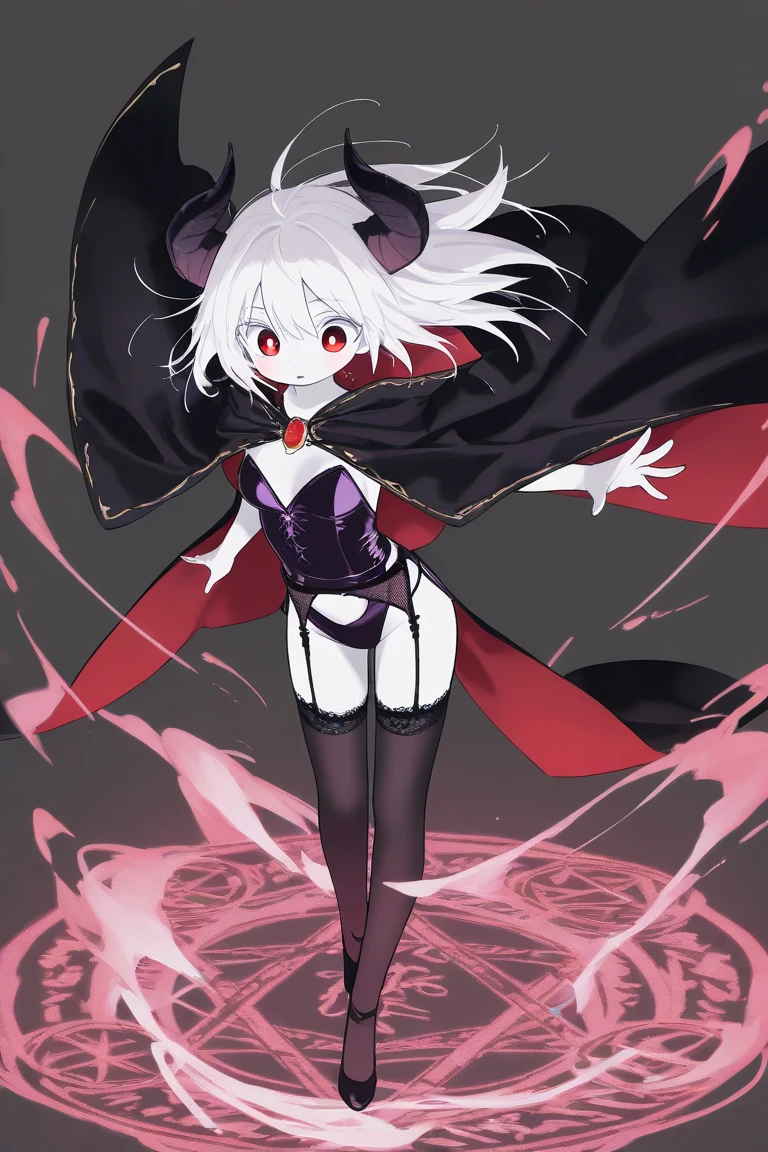  medieval fantasy,  towering Demon King , Full body shot,  demon king, a cool, beautiful girl with white hair and red eyes ,  black cloak and dark purple leather bunny girl with garter belt,  with demon horns on both sides ,  white skin,  woman looking down from the air , Single female ,  various magic around the figure ,  large magic circle on the back ,  cool and gentle expression , Noble appearance ,  cape flying in the wind 