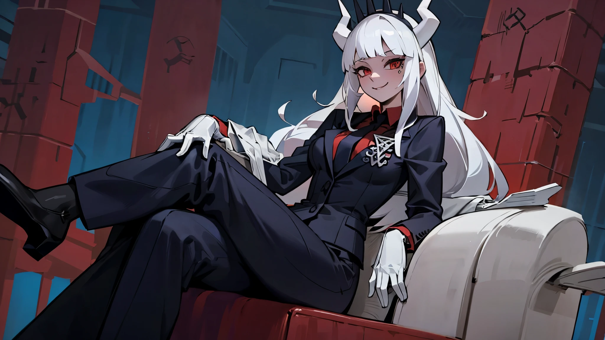 female character lucifer from helltaker, long straight white hair with bangs, red eyes, mischievous and seductive smile, sitting on a hellish throne with crossed legs, black female suit, white gloves, red shirt, black tie, white horns, simple crown with spikes, demon tail, image that demonstrates superiority of the character and environment and sexy posture, high definition, high resolution, intricate details