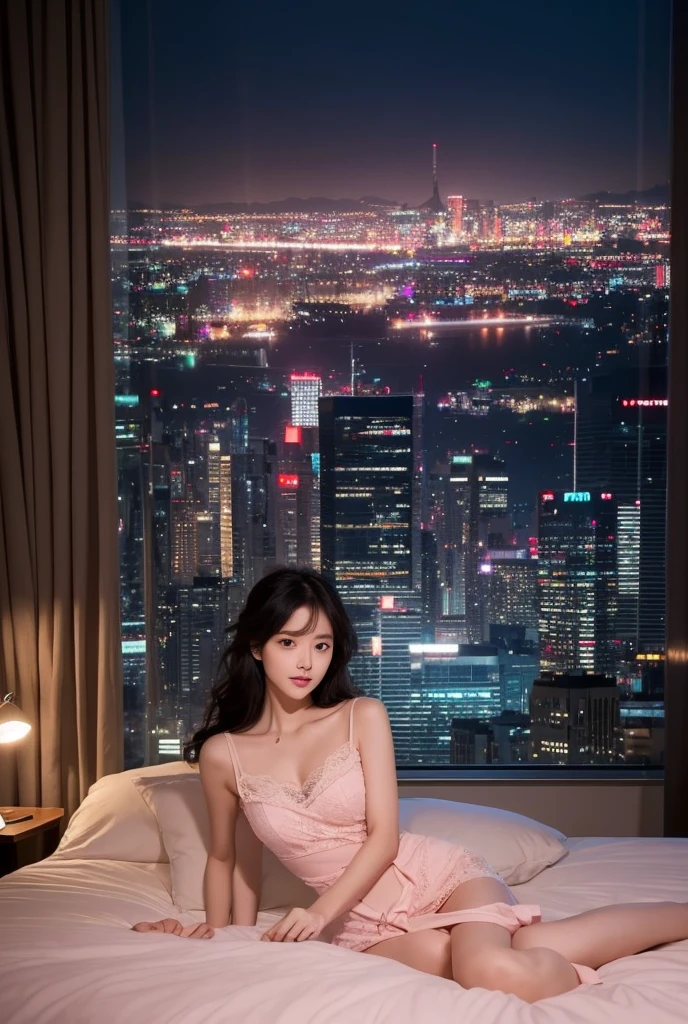 
A beautiful girl, sleeping beauty, Luxury Bedroom night city view from a large window, 