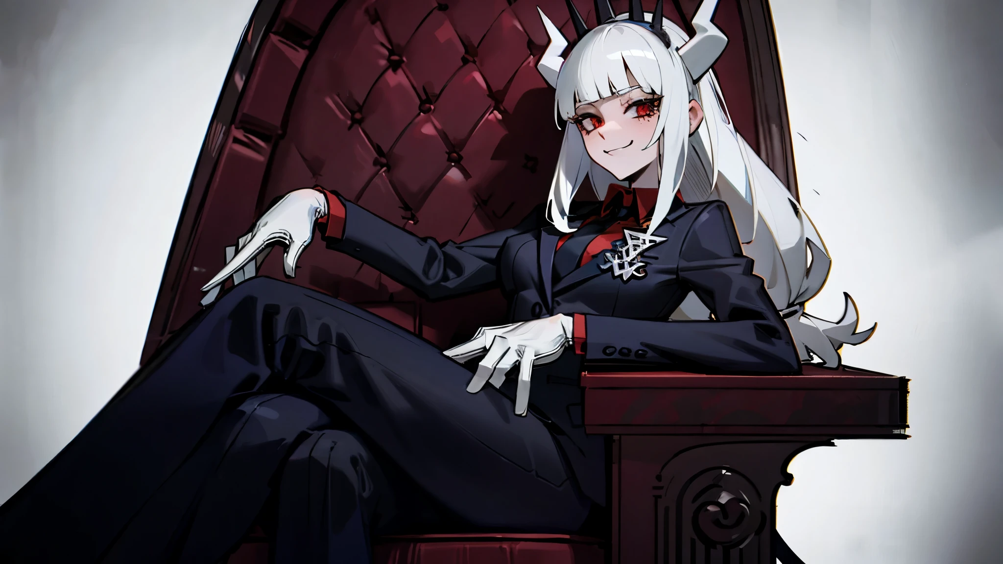 female character lucifer from helltaker, long straight white hair with bangs, red eyes, mischievous and seductive smile, sitting on a hellish throne with crossed legs, black female suit, white gloves, red shirt, black tie, white horns, simple crown with spikes, demon tail, image that demonstrates superiority of the character and environment and sexy posture, high definition, high resolution, intricate details