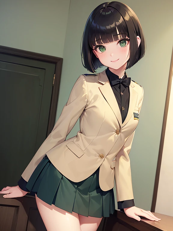 (Masterpiece:1.2),   top quality  ,shape,BEAUTIFUL DETAILED YOUTH ， short， girl    (blazer uniform， skirt  :1.3)  ( I'm wearing a deep green super cub:1.2)，Straddle， (smile:1.0),,(    beautiful brown eyes、Sparkling Eyes、 very beautiful eyes ),( Shiny black hair :1.0),( bob cut:1.2),( Split Bangs :1.3),,   Cowboy Shots， girl  &#39;Lure，