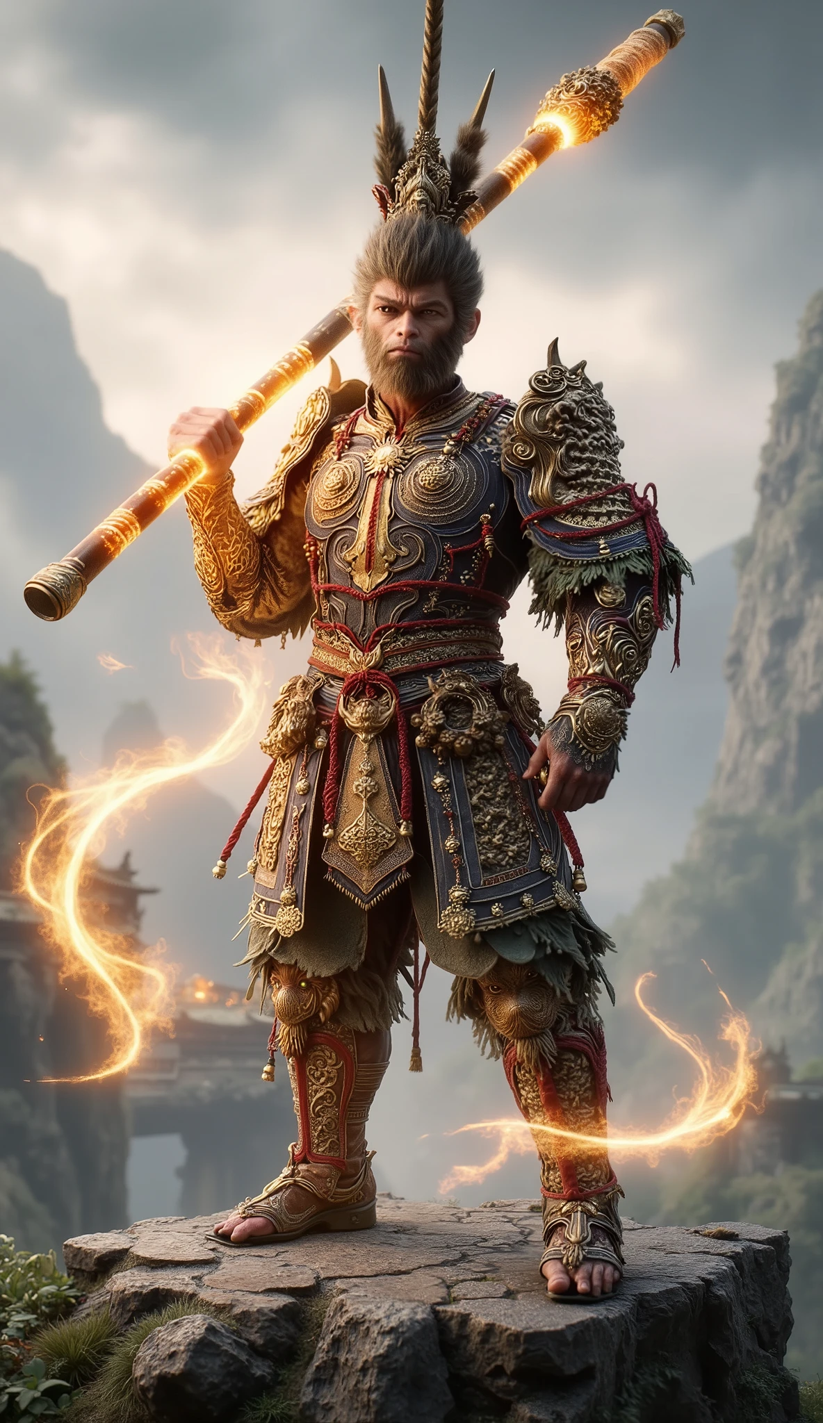Front view,wukong ,A breathtaking cinematic wallpaper of Wukong, the Monkey King,tall and look strong,handsome, in a dynamic pose. Ethereal golden light surrounds him as he wields his magical staff. Swirling clouds and energy patterns flow around him in vibrant hues. Hyper-detailed fur and armor textures. Epic scale landscape in the background with floating mountains and ancient Chinese architecture. Dramatic lighting and color palette inspired by Chinese mythology. Ultra-high resolution, photorealistic rendering with cinematic depth of field.