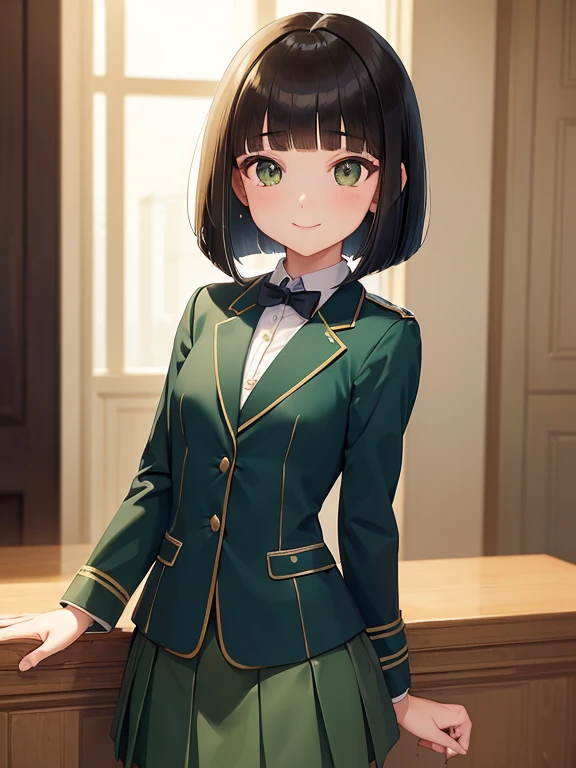 (Masterpiece:1.2),   top quality  ,shape,BEAUTIFUL DETAILED YOUTH ， short， girl    (blazer uniform， skirt  :1.3)  ( I'm wearing a deep green super cub:1.2)，Straddle， (smile:1.0),,(    beautiful brown eyes、Sparkling Eyes、 very beautiful eyes ),( Shiny black hair :1.0),( bob cut:1.2),( Split Bangs :1.3),,   Cowboy Shots， girl  &#39;Lure，