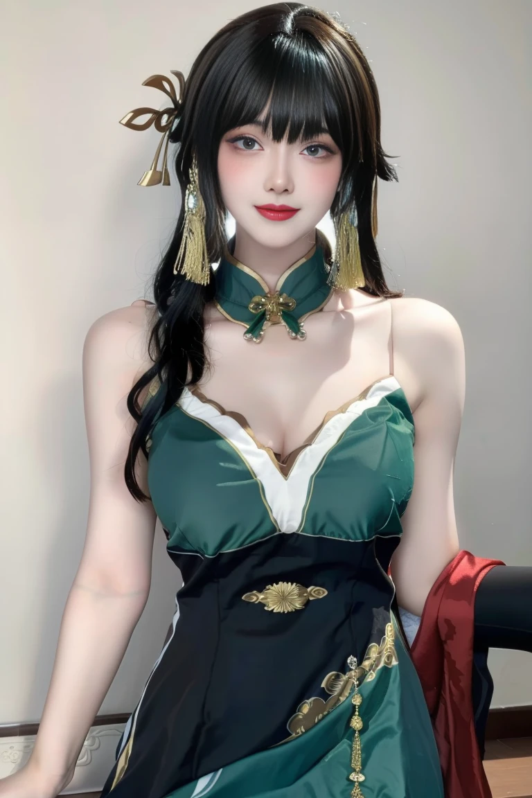 1girl,huge breast, black hair, ponytail,stick hair,green Chinese dress, ultra detailed, masterpiece, realistic