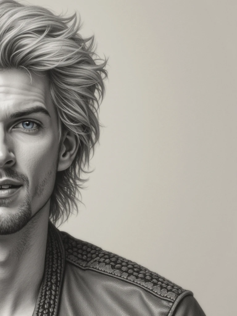 A mythical man from an ancient era, featuring piercing gray eyes that radiate confidence and intrigue. He has a slight stubble on his chin, blending modernity with a relaxed style. His tousled short grayish-blond hair adds to his striking, handsome features, including a straight nose and defined jawline. Dressed in a richly textured black jacket that conveys sophistication, he is enveloped in a faint, ethereal glow. The background is a plain, solid white without any effects, enhancing the focus on his captivating appearance, creating an enchanting and dreamlike atmosphere that hints at his otherworldly origins as a genie.