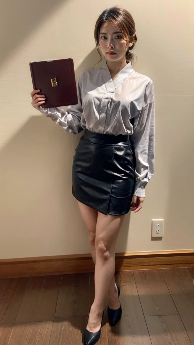 A hot girl in a white shirt suit mini dress skirt belt black tights red high heels hair ponytail blonde blue eyes glasses